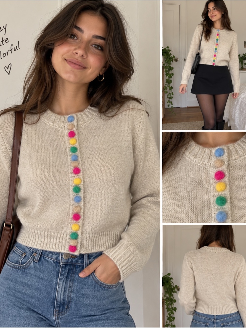 Cream Knit Sweater with Colorful Pom-Pom Buttons
